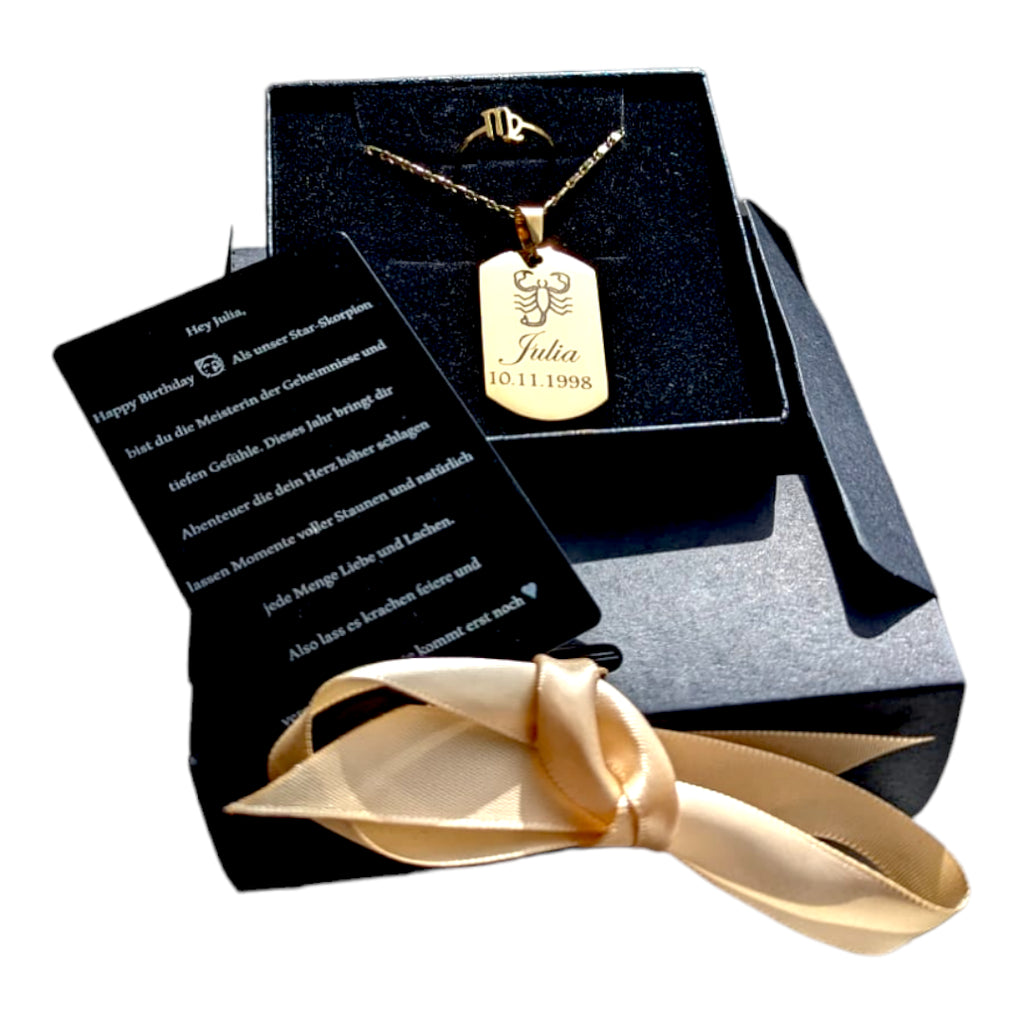 Schmuckset in Silber und Gold - Personalisierte Halskette, Sternzeichen-Ring und Wunschkarte