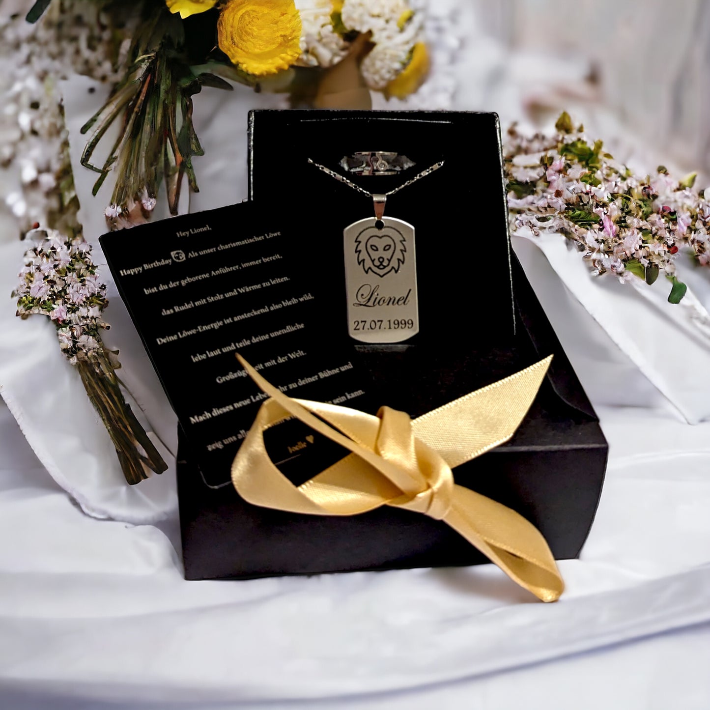 Schmuckset in Silber und Gold - Personalisierte Halskette, Sternzeichen-Ring und Wunschkarte